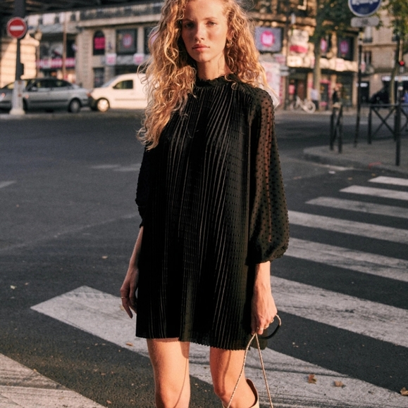 Sezane Armance Black Pleated Plumetis Chiffon Mini Dress - Picture 4 of 5